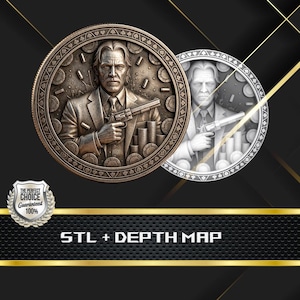 May include: A detailed coin design featuring a man in a suit holding a gun, surrounded by poker chips and bullets. The coin is bronze-colored with intricate detailing. A second, grayscale version of the coin is also visible. The text "STL + DEPTH MAP" is at the bottom.