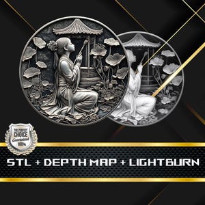Asiatic Girl Coin Depth Map: 3D Embossing Laser Engrave STL and Heigth Map files for Laser Fiber