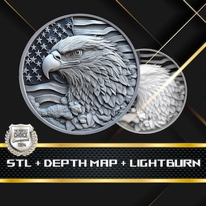 Dieptekaart munt | Hoogtekaart | 3D-lasergravure | EDC-munt | STL-bestand | PNG-bestand | Grijswaarden | Lightburn BMP | Amerikaanse adelaarmunt