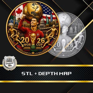 May include: A circular commemorative coin design featuring a soccer player, a golden globe, the FIFA World Cup trophy, and landmarks from Canada, Mexico, and the USA. The text reads 2026 WORLD CUP UNITED CANADA MEXICO USA. Includes STL + DEPTH MAP text.