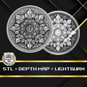Dieptekaart munt | Hoogtekaart | 3D-lasergravure | Glowforge | STL-bestand | PNG-bestand | Grijswaarden | Lightburn BMP | CNC-munt | Mandalamunt