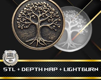 May include: A bronze-colored, circular emblem featuring a detailed tree design. The tree has a prominent trunk, branches, and leaves, set against a textured background. A transparent, ghostly image of the tree is visible to the right. The text "STL + DEPTH MAP + LIGHTBURN" is at the bottom.