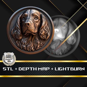 Münze Tiefe Karte | Höhenkarte | 3D Laser Gravur | Xtool | Stl-Datei | PNG-Datei | Graustufen | Lightburn BMP | Laserfaser | Cocker Spaniel Münze
