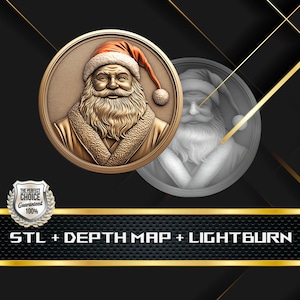 Dieptekaart munt | Hoogtekaart | 3D-lasergravure | Xtool | Glowforge | STL-bestand | PNG-bestand | Lightburn BMP | CNC-munt | Kerstman