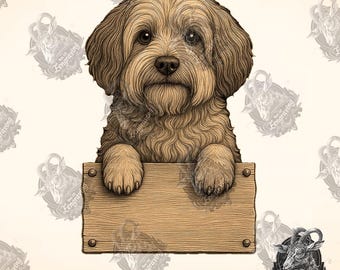 Può includere: Illustrazione dettagliata di un cane marrone chiaro e soffice con un lungo muso e orecchie flosce, che tiene in mano un cartello di legno con le zampe. Il cartello è vuoto e il cane ha un'espressione amichevole. Lo sfondo è beige chiaro.