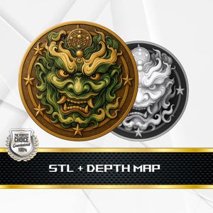 Coin Depth Map | HeighT Map | 3D Laser Engrave | Embossing 3D | Coin STL | Grayscale | Lightburn BMP | Laser Fiber | Oni Demon Coin
