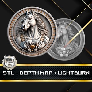 May include: A 3D printed model of a horse head with a golden crown and a decorative necklace. The model is on a round, silver base with a textured border. The image also shows a grayscale version of the model.
