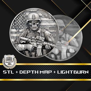 May include: A silver 3D printed coin featuring a skull-faced soldier holding a rifle, with an American flag background. The coin is part of a set that includes an STL file, depth map, and Lightburn file.