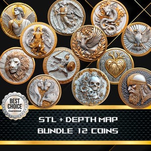 12x Coin Depth Map and STL File, 3D Relief for Laser Engraving CNC