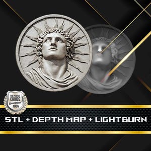 Münze Tiefe Karte | Höhenkarte | 3D Laser Gravur | Xtool | Stl-Datei | PNG-Datei | Graustufen | Lightburn BMP | Laserfaser | Griechische Statue Münze