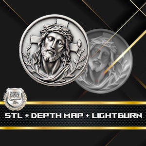 May include: A silver-colored 3D printed model of Jesus Christ's face with a crown of thorns and a cross behind him. The model is on a black background with a gold border. The text "STL + DEPTH MAP + LIGHTBURN" is below the model.