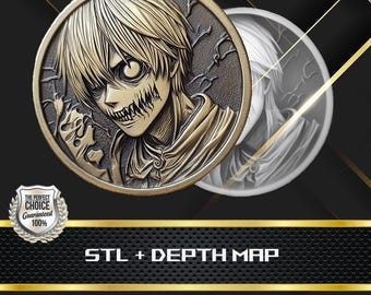 Può includere: Una moneta color oro con un'illustrazione dettagliata di un personaggio simile a uno zombie con denti affilati e occhi vuoti. La moneta è ambientata su uno sfondo nero con accenti dorati. Il testo "STL + DEPTH MAP" è visualizzato.