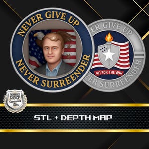 May include: Two circular medallions with patriotic themes. One features a portrait with an American flag background and the text "NEVER GIVE UP, NEVER SURRENDER." The other has a shield, flag, and torch with the text "GO FOR THE WIN."