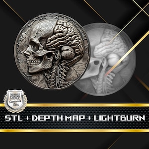May include: A detailed, metallic relief sculpture of a human skull and brain, with visible anatomical details. The image includes a transparent, grayscale rendering of the same subject. Text at the bottom reads "STL + DEPTH MAP + LIGHTBURN".