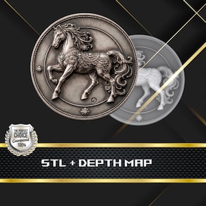 Horse 3D Depth Map STL File, High Detail Relief Coin for Laser Engraving CNC