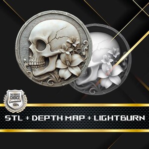 Münze Tiefe Karte | Höhenkarte | 3D Laser Gravur | Xtool | Stl-Datei | PNG-Datei | Graustufen | Lightburn BMP | Totenkopf mit Blumen Coin