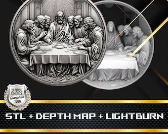 May include: A silver coin with a 3D relief sculpture of the Last Supper. The coin is surrounded by a black background with gold accents.