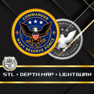 May include: A gold and silver 3D printed model of the Navy Reserve Force logo. The logo features an eagle with a globe and stars. The text "COMMANDER NAVY RESERVE FORCE" is written around the eagle. The model is on a black background with a gold and black grid pattern.