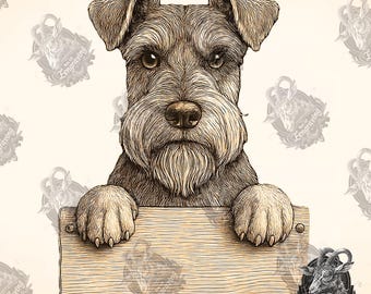Puede incluir: Una ilustración en blanco y negro de un perro Schnauzer asomándose por encima de un letrero de madera. El perro tiene una expresión seria y mira directamente al espectador.