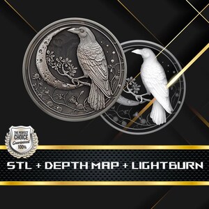 Dieptekaart munt | Hoogtekaart | 3D-lasergravure | Xtool | STL-bestand | PNG-bestand | Grijswaarden | Lightburn BMP | Munt kraai en maan