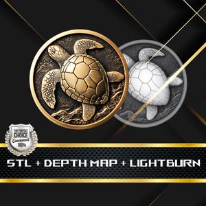 Münze Tiefe Karte | Höhenkarte | 3D Laser Gravur | Stl-Datei | PNG-Datei | Graustufen | Lightburn BMP | CNC Münze | Meeresschildkröte Münze
