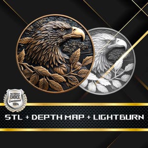May include: A 3D printed model of an eagle's head with leaves, shown in both a bronze and a white finish. The model is available as an STL file, a depth map, and a Lightburn file.