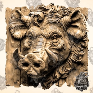 May include: A detailed, three-dimensional carving of a wild boar's head, rendered in a warm, golden brown color. The boar's face is depicted with a fierce expression, its tusks prominent and its eyes wide open. The carving is mounted on a rough-hewn wooden background, adding to its rustic charm.