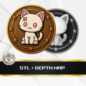 May include: Two round, gold-colored medallions with a cartoon cat design. The cat is light beige with pink accents and a small red cross on its head. The text "STL + DEPTH MAP" is at the bottom.
