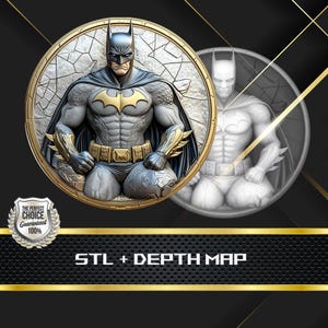 Pode incluir: Imagem detalhada de Batman em relevo circular, com uma moldura dourada e um fundo rachado. O super-herói é retratado em um traje cinza e preto com o símbolo do morcego dourado. O texto "STL + DEPTH MAP" é visível.