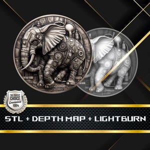 Dieptekaart munt | Hoogtekaart | 3D-lasergravure | Glowforge | STL-bestand | PNG-bestand | Grijswaarden | Lightburn BMP | CNC-munt | Olifant