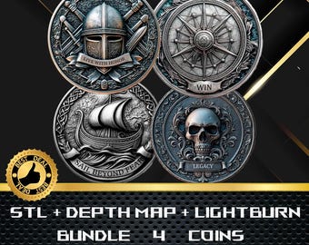 4x Viking Warrior Skull Coin Depth Map and STL File, 3D Relief for Laser Engraving CNC