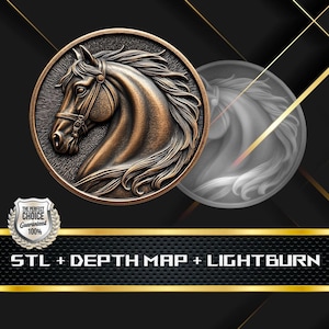 Op de afbeelding: Een bronzen cirkelvormig medaillon met een gedetailleerd reliëf van een paardenkop met een hoofdstel. Het ontwerp is geplaatst tegen een donkere achtergrond met gouden accenten. De tekst "STL + DEPTH MAP + LIGHTBURN" wordt weergegeven.