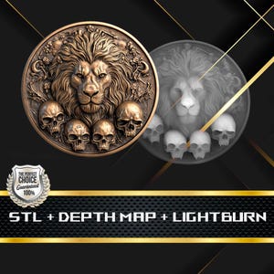 Lion with Skulls Coin Depth Map: 3D Embossing Laser Engrave STL and Heigth Map files for Laser Fiber