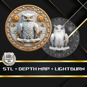 May include: A detailed, circular relief sculpture featuring a white owl perched on a branch, surrounded by gold accents and floral designs. The owl has detailed feathers and golden eyes. The text "STL + DEPTH MAP + LIGHTBURN" is displayed below the sculpture.