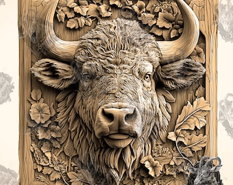 May include: A detailed wood carving of a bison head with intricate floral details surrounding it. The bison is depicted with a realistic expression and textured fur. The carving is framed in a wooden frame.