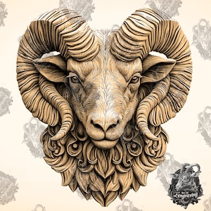 May include: A detailed, intricately carved wooden sculpture of a ram's head with large, curled horns. The ram's face is depicted with a serious expression, and the sculpture is finished in a warm, natural wood tone.