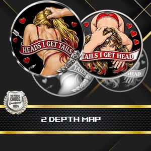 May include: Two round, black and silver graphic designs with illustrations of women in lingerie. One design reads "HEADS I GET TAILS" and the other reads "TAILS I GET HEAD". Red hearts and text are included.