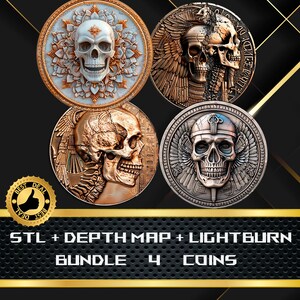 Pode incluir: Quatro designs detalhados de moedas com caveiras, com padrões e texturas intrincados. As moedas são em tons de ouro, prata e branco, com um fundo escuro. O texto "STL + DEPTH MAP + LIGHTBURN BUNDLE 4 COINS" é visível.