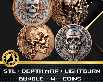 4x Skull Coin Depth Map and STL File, 3D Relief for Laser Engraving CNC