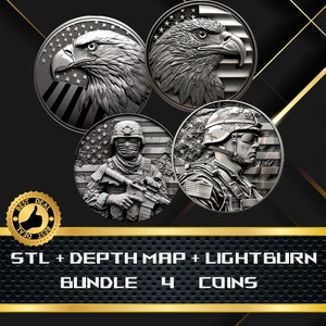 May include: Four silver-colored coins with patriotic themes. Two coins feature detailed eagle profiles, and the other two depict soldiers. The coins are set against a black and gold background. The text "BEST DEAL" and "BUNDLE 4 COINS" is also visible.