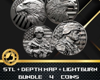 Bundle 4 Coin Depth Map | Heigh Map | 3D Laser Engrave | Xtool | Glowforge | Stl file | PNG file | Lightburn BMP | CNC Coin | Patriotic