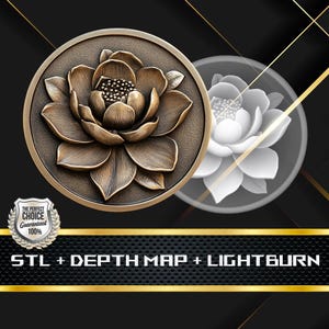 Lotus Coin Depth Map and  STL File, 3D Relief for Laser Engraving CNC