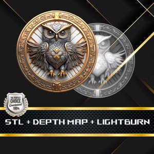 May include: A detailed, metallic owl medallion with outstretched wings, set within a gold-colored circular frame. The owl is rendered in shades of silver and bronze, with intricate detailing. The image includes the text "STL + DEPTH MAP + LIGHTBURN".