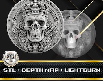 Skull Coin Depth Map and  STL File, 3D Relief for Laser Engraving CNC