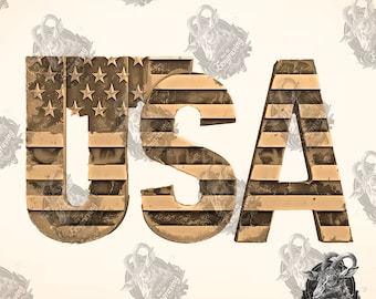 May include: A three-dimensional, textured, gold-colored "USA" sign with the letters formed from the American flag pattern. The stars and stripes are visible on each letter.