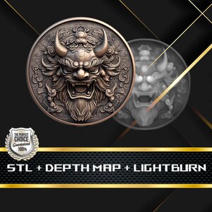 Oni Japanese Coin Depth Map: 3D Embossing Laser Engrave STL and Heigth Map files for Laser Fiber
