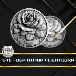 Dieptekaart munt | Hoogtekaart | 3D-lasergravure | Cadeau moeder | STL-bestand | PNG-bestand | Grijswaarden | Lightburn BMP | CNC-munt | Moedermunt roos