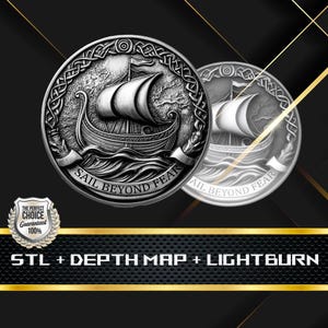 Dieptekaart munt | Hoogtekaart | 3D-lasergravure | EDC-munt | STL-bestand | PNG-bestand | Grijswaarden | Lightburn BMP | Vikingschipmunt