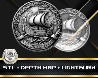 Viking Ship Coin Depth Map: 3D Embossing Laser Engrave STL and Heigth Map files for Laser Fiber