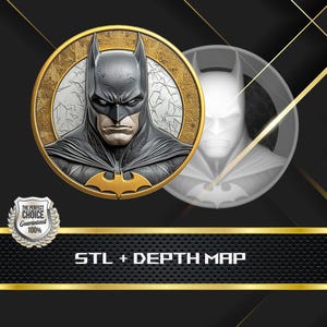 Pode incluir: Ilustração detalhada do rosto do Batman dentro de uma moldura circular dourada. A imagem apresenta um fundo texturizado e um símbolo de morcego dourado. Uma imagem translúcida do Batman é visível à direita. O texto "STL + DEPTH MAP" está na parte inferior.
